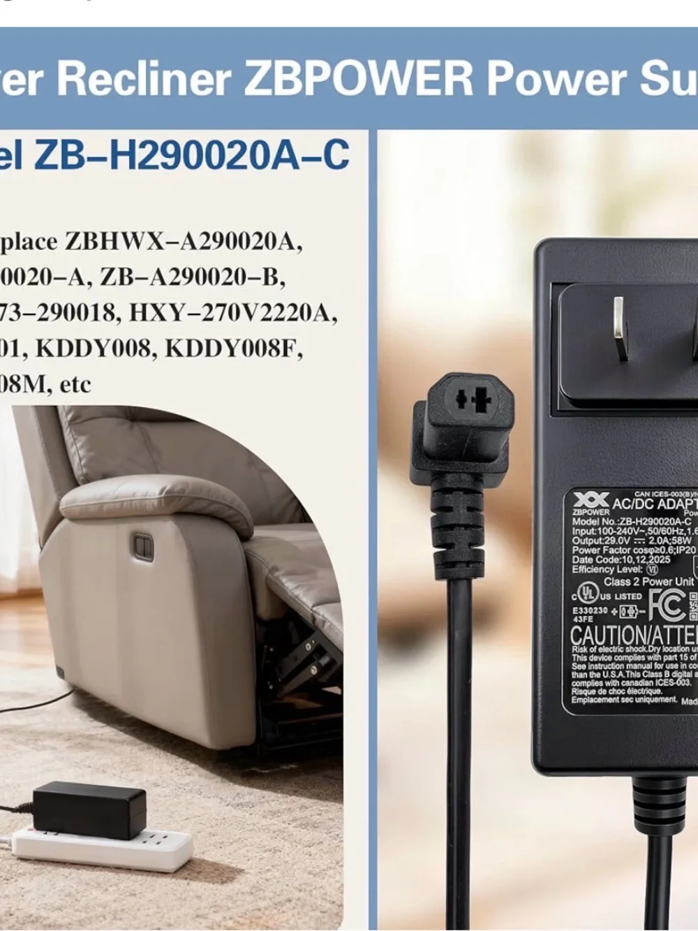 Recliner ZBPOWER Wall Power Supply ZB-H290020A-C 29V 2A Wall Switching Adapter